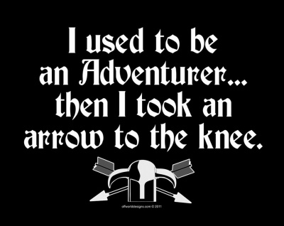 Adventurer (Arrow to the Knee) T-Shirt - Click Image to Close