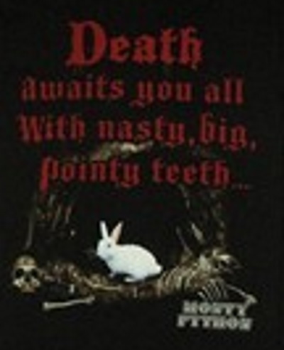 Death Awaits You Pointy Teeth Bunny T-Shirt - Click Image to Close