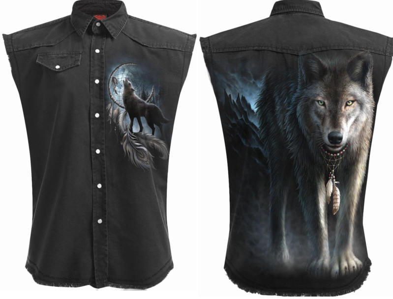 From Darkness Wolf Sleeveless Stonewashed Denim Shirt - Click Image to Close